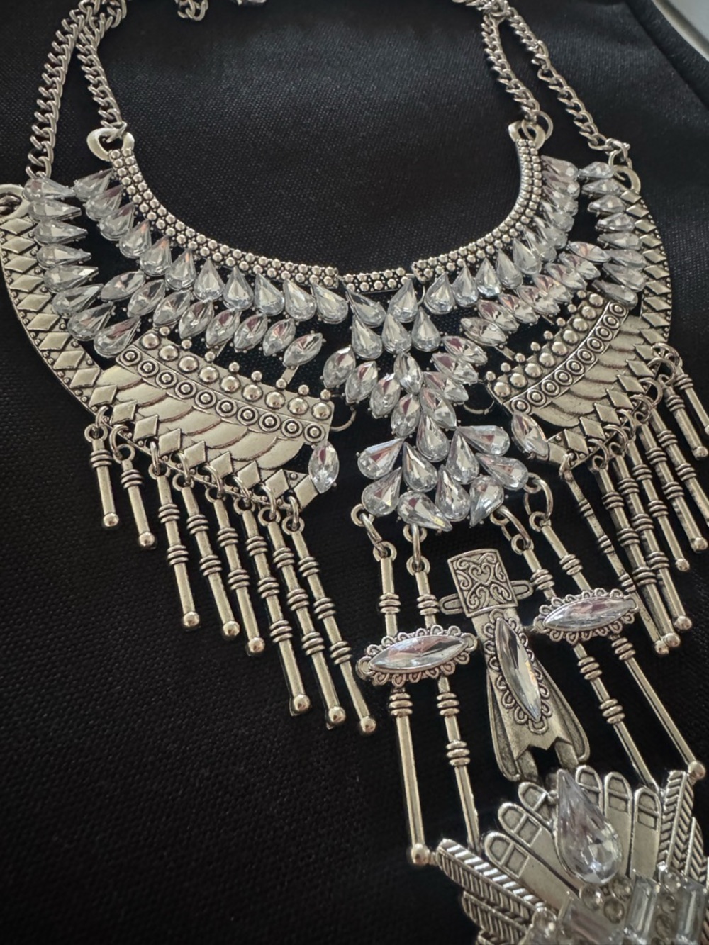 Silver Crystal Fringe Statement Necklace - Women Jewelry - Picture 7 of 13